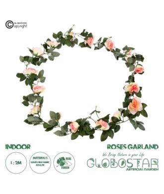 GloboStar® 09004 Τεχνητό Κρεμαστό Φυτό Διακοσμητική Γιρλάντα Μήκους 2 μέτρων με 16 X Μεγάλα Τριαντάφυλλα Ροζ